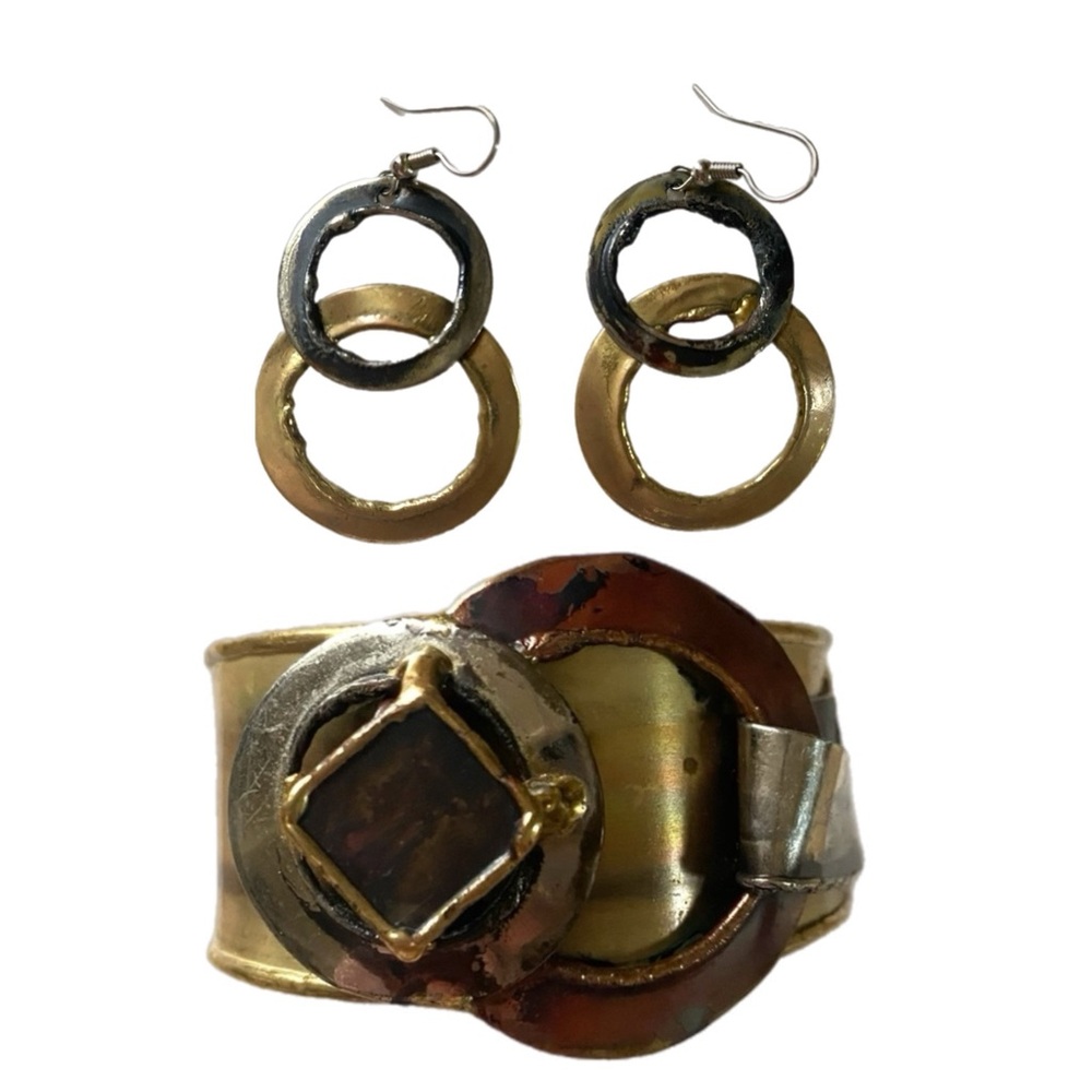 Gold and Silver Tone Cuff Bracelet and Matching Earrings